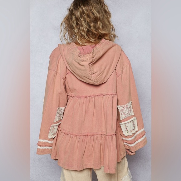 NWOT - POL Pink Distressed Denim Patchwork Jacket with Lace - Picture 2 of 13